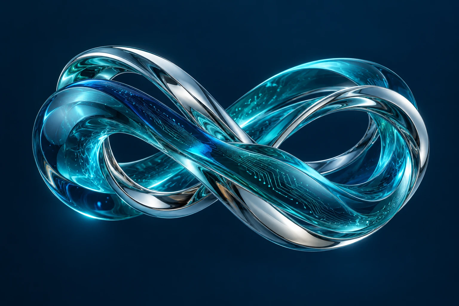 Sculptural teal glass and chrome infinity forms, symbolizing connected possibilities